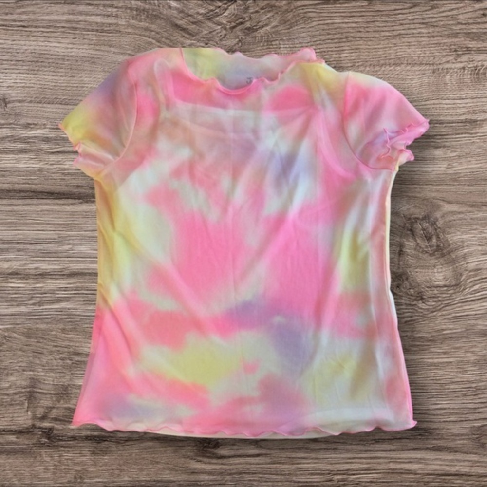 Justice tie-dye mesh shirt with built-in undershirt. XL 14–16.
